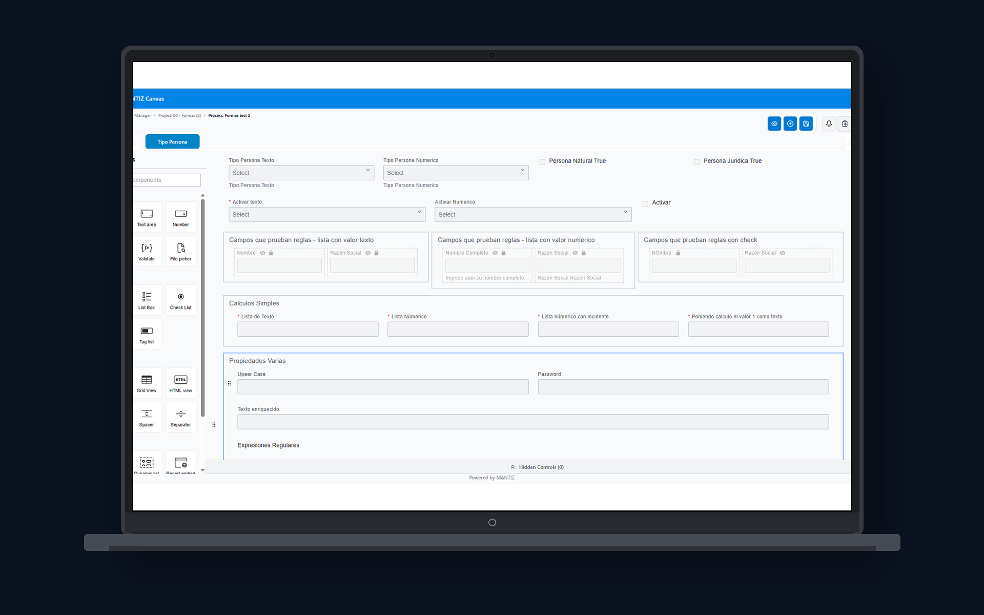 MANTIZ Web Canvas — editor de formularios en MacBook
